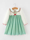 Girls Christmas Green Plaid Embroidered Long Sleeve Dress