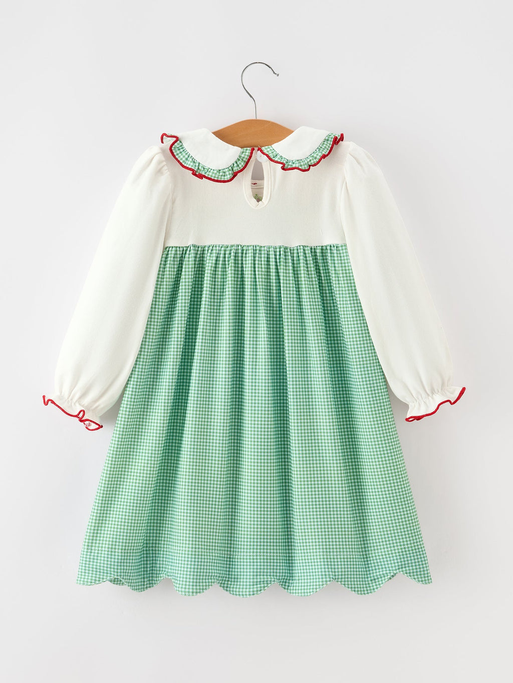 Girls Christmas Green Plaid Embroidered Long Sleeve Dress