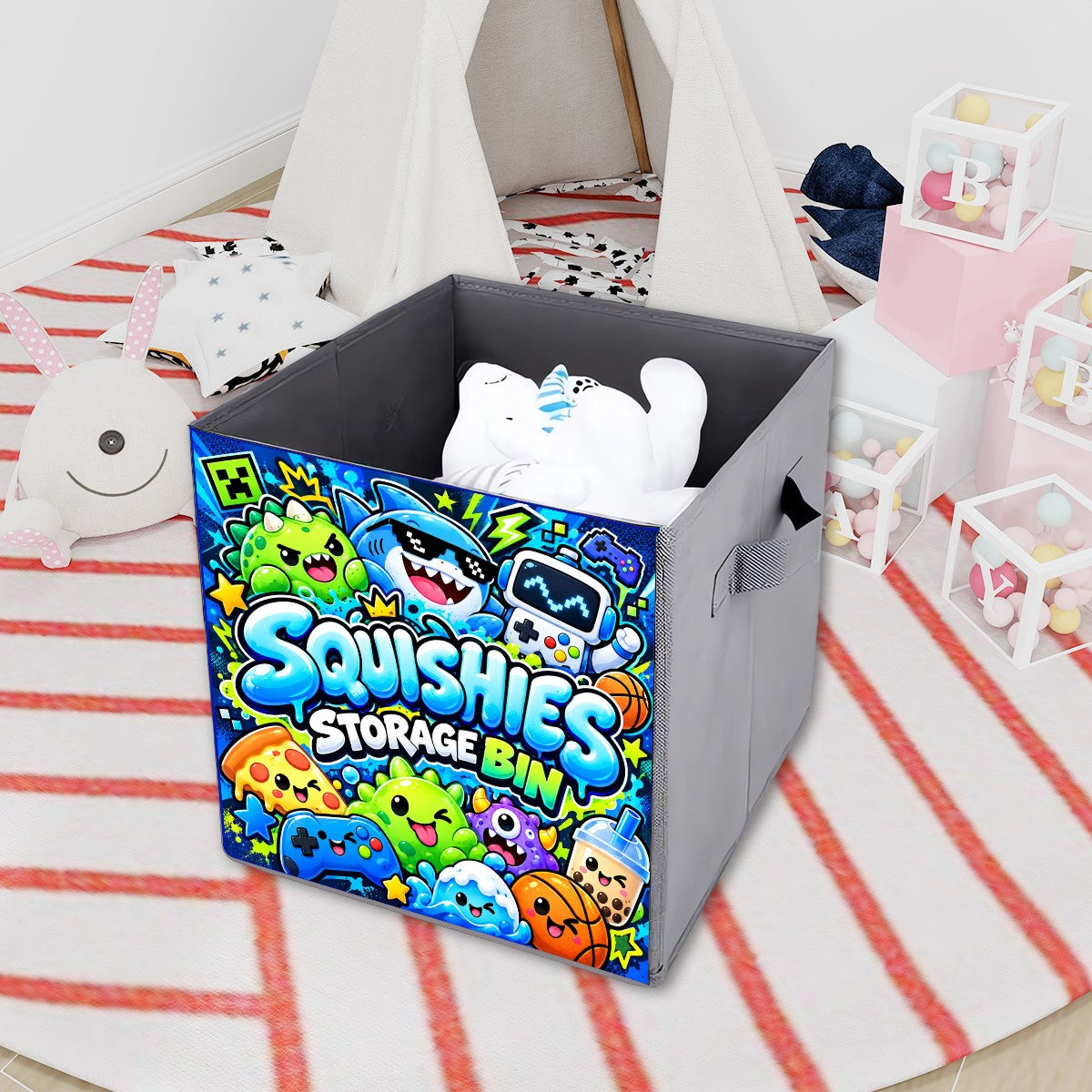 Kawaii Squishies Storage Bin – Blue Gamer Collapsible Toy Organizer