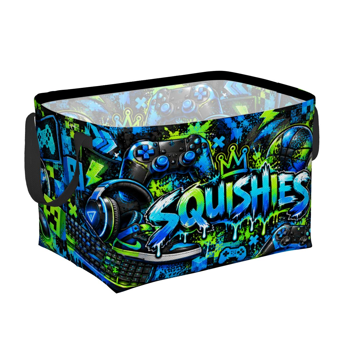 Neon Gamer Squishies Storage Bin – Teen Room Organizer