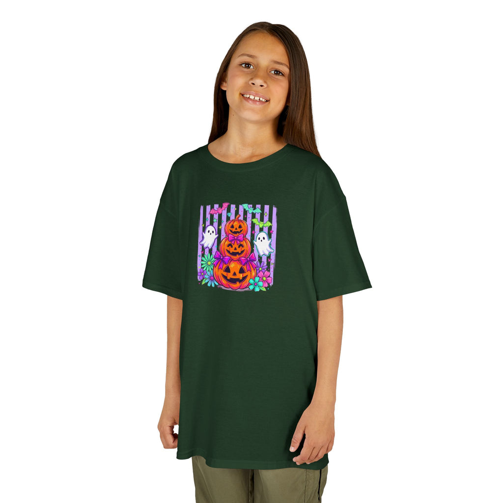 Kids Halloween Pumpkins T‑Shirt — Cute Jack‑O'Lantern Stack with Ghosts