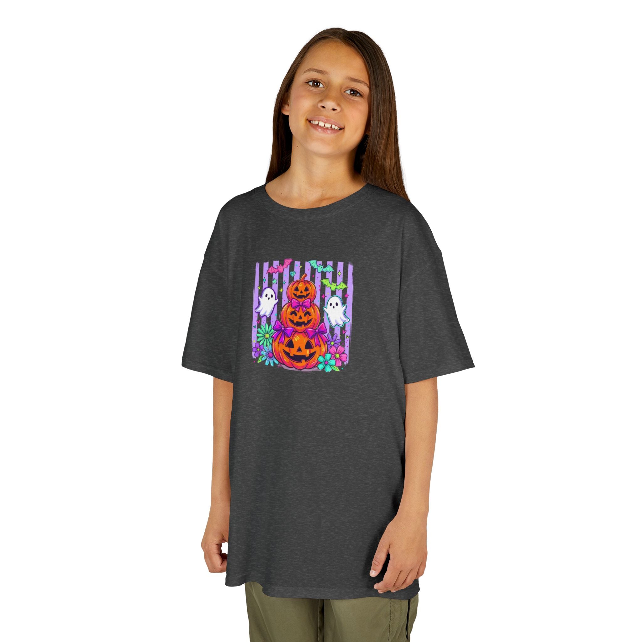 Kids Halloween Pumpkins T‑Shirt — Cute Jack‑O'Lantern Stack with Ghosts