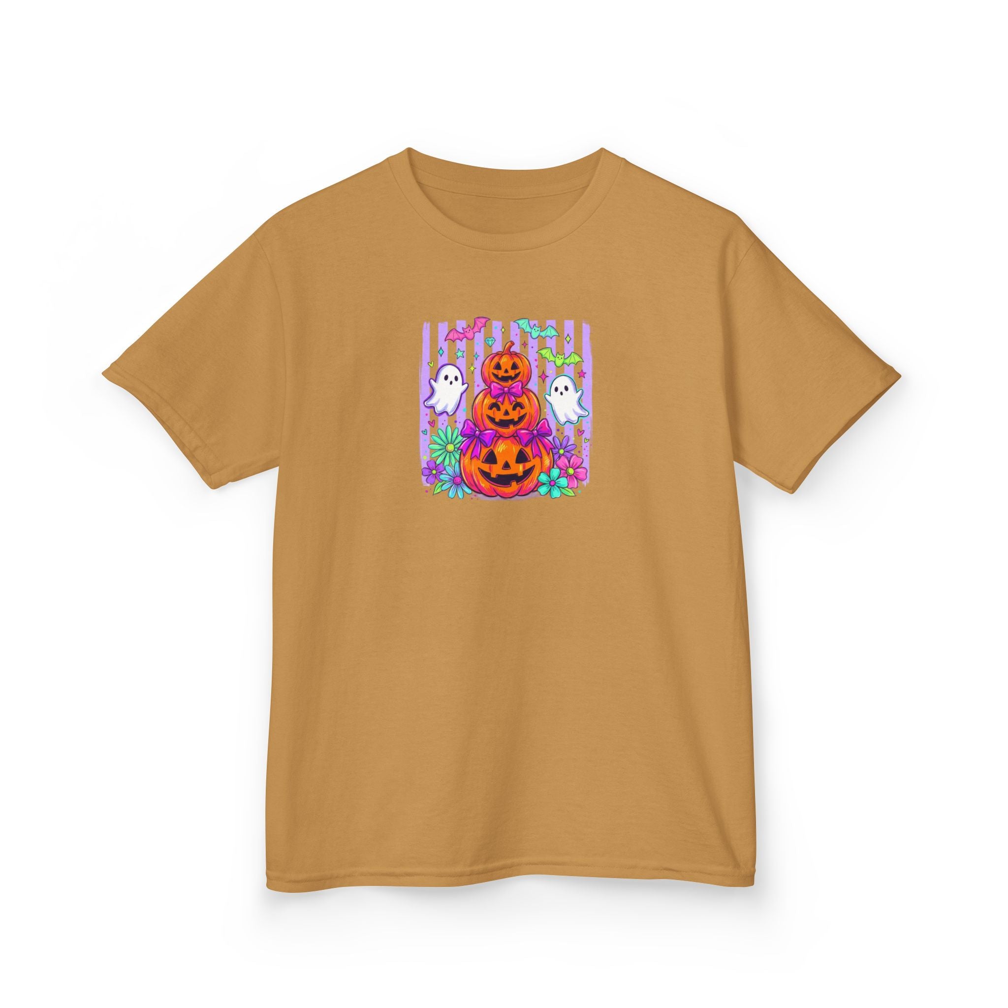 Kids Halloween Pumpkins T‑Shirt — Cute Jack‑O'Lantern Stack with Ghosts