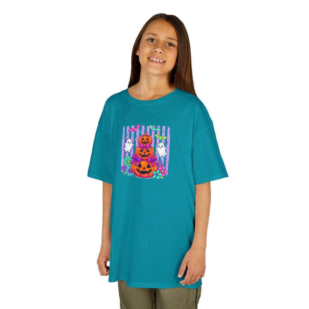 Kids Halloween Pumpkins T‑Shirt — Cute Jack‑O'Lantern Stack with Ghosts