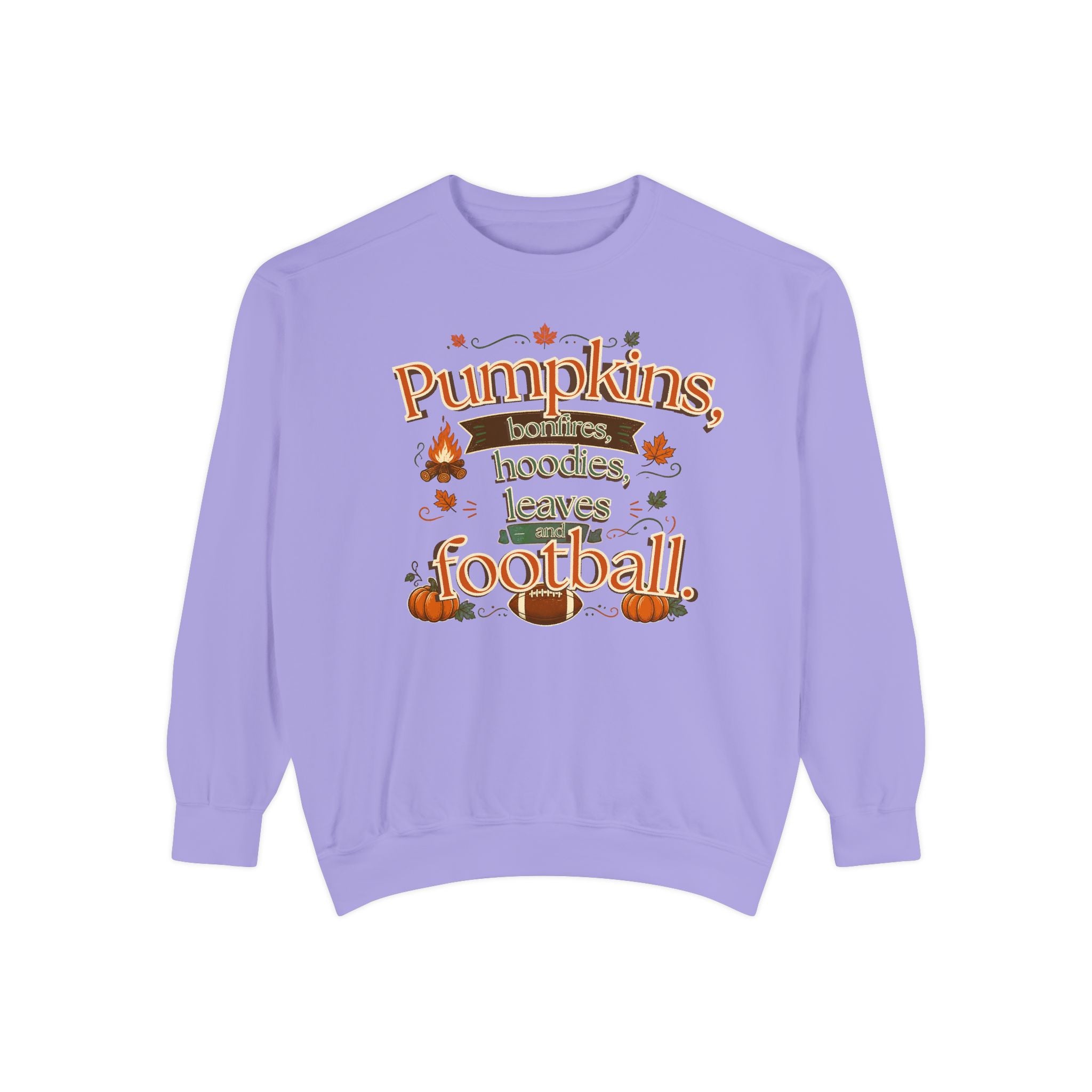 Fall Sweatshirt – "Pumpkins, Bonfires, Hoodies, Leaves, Football" Cozy Autumn Pullover