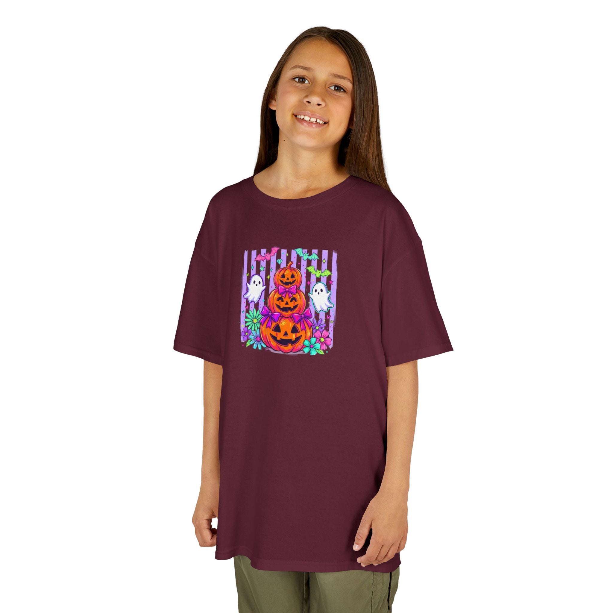 Kids Halloween Pumpkins T‑Shirt — Cute Jack‑O'Lantern Stack with Ghosts