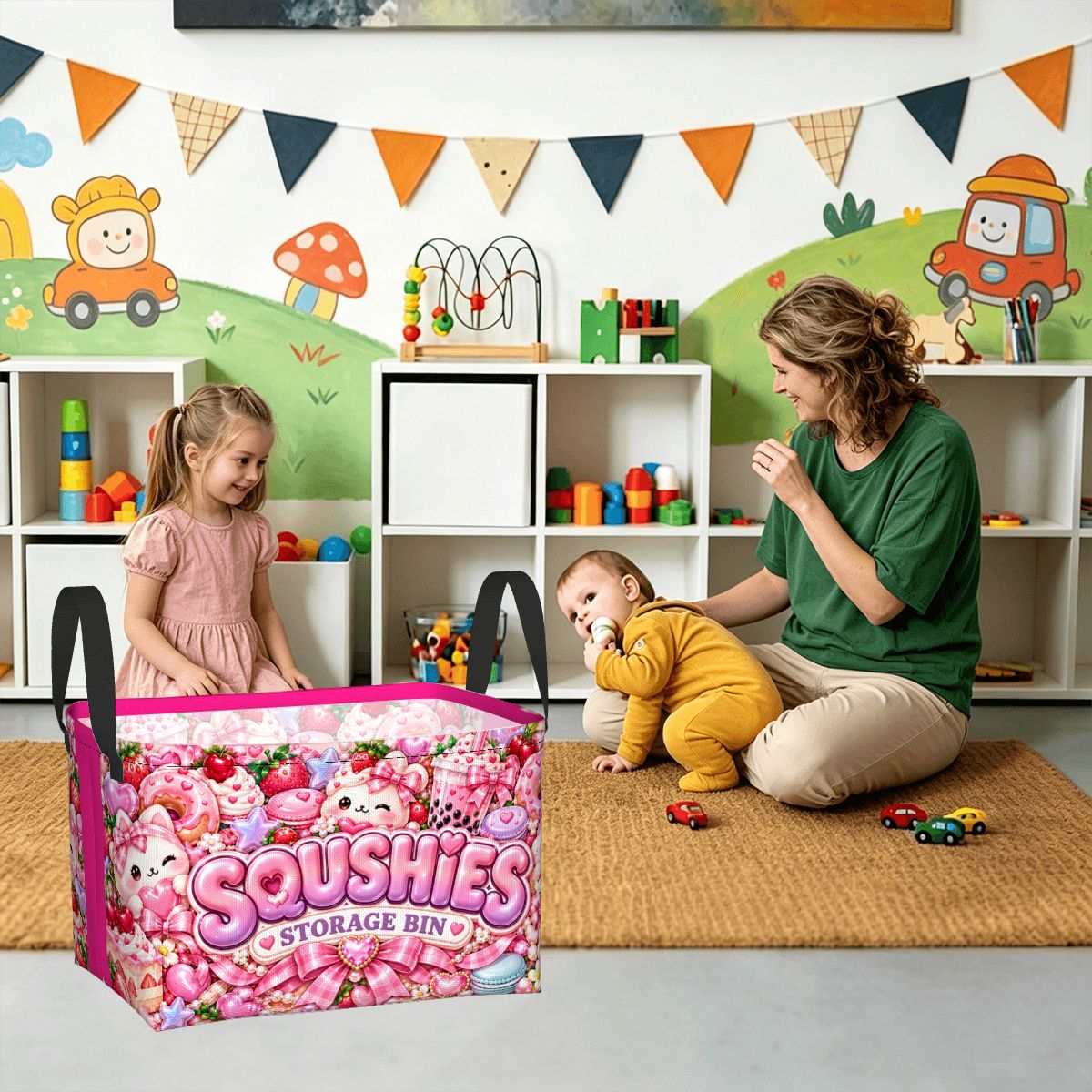 Pink Coquette Squishies Storage Bin – Kawaii Teen Room Organizer