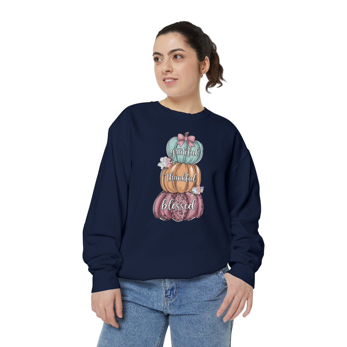 Pumpkin Stack Sweatshirt — Grateful, Thankful, Blessed