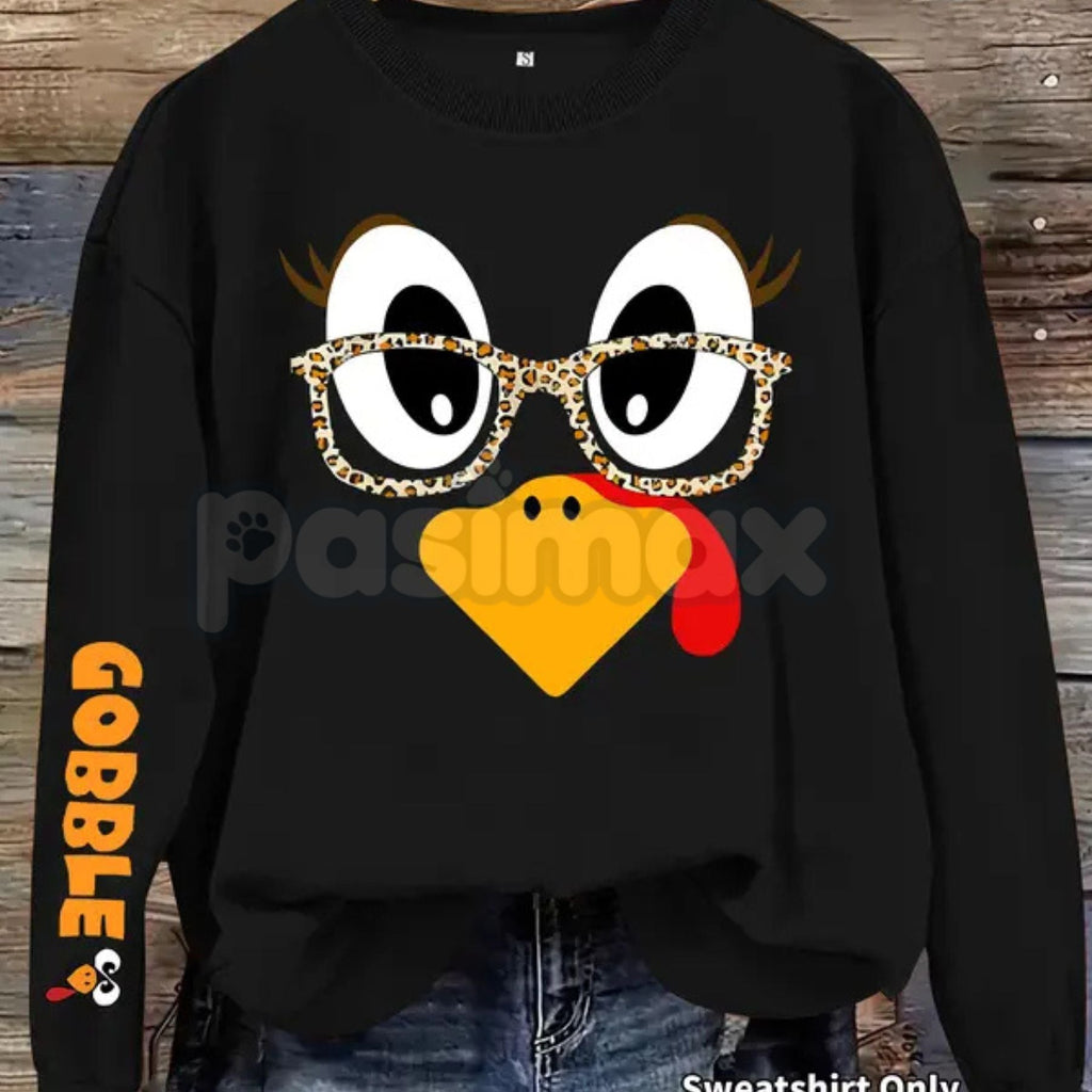 Women's Casual Thanksgiving Turkey Print Pullover Sweater – Cozy Holiday Crewneck