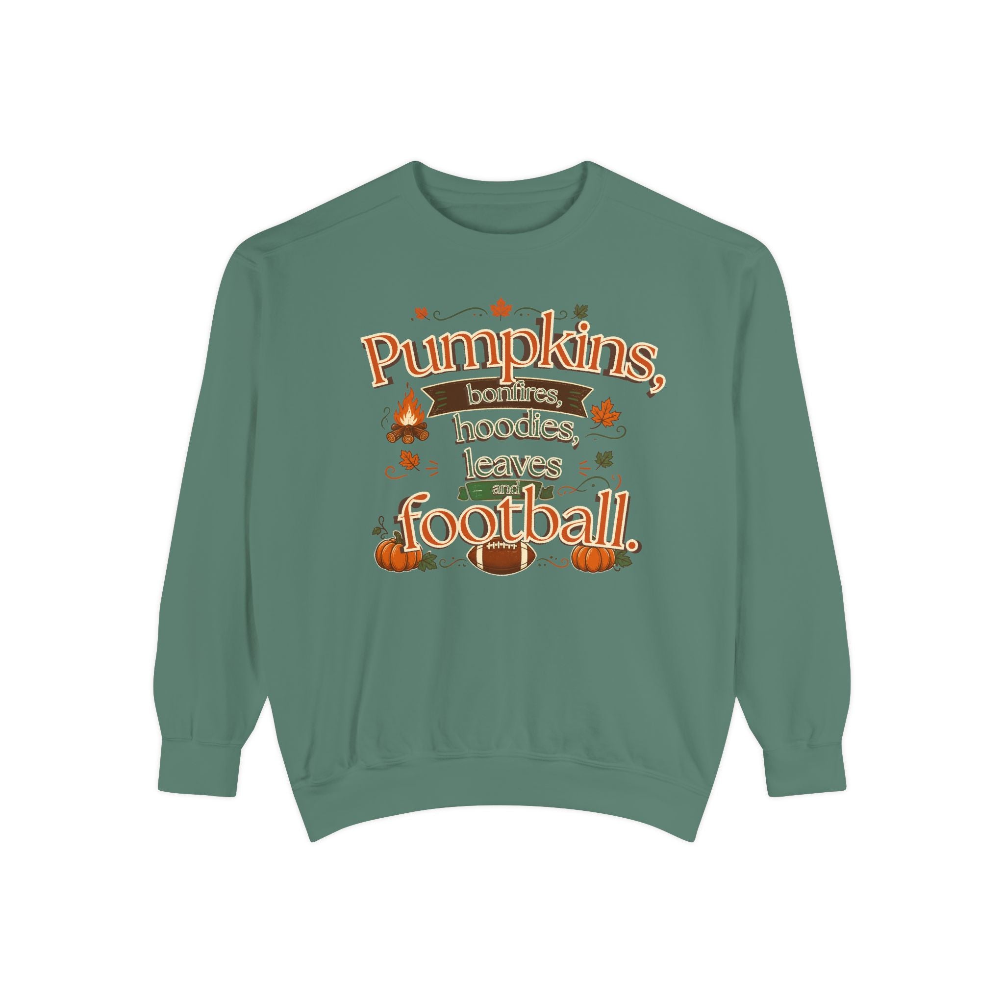 Fall Sweatshirt – "Pumpkins, Bonfires, Hoodies, Leaves, Football" Cozy Autumn Pullover