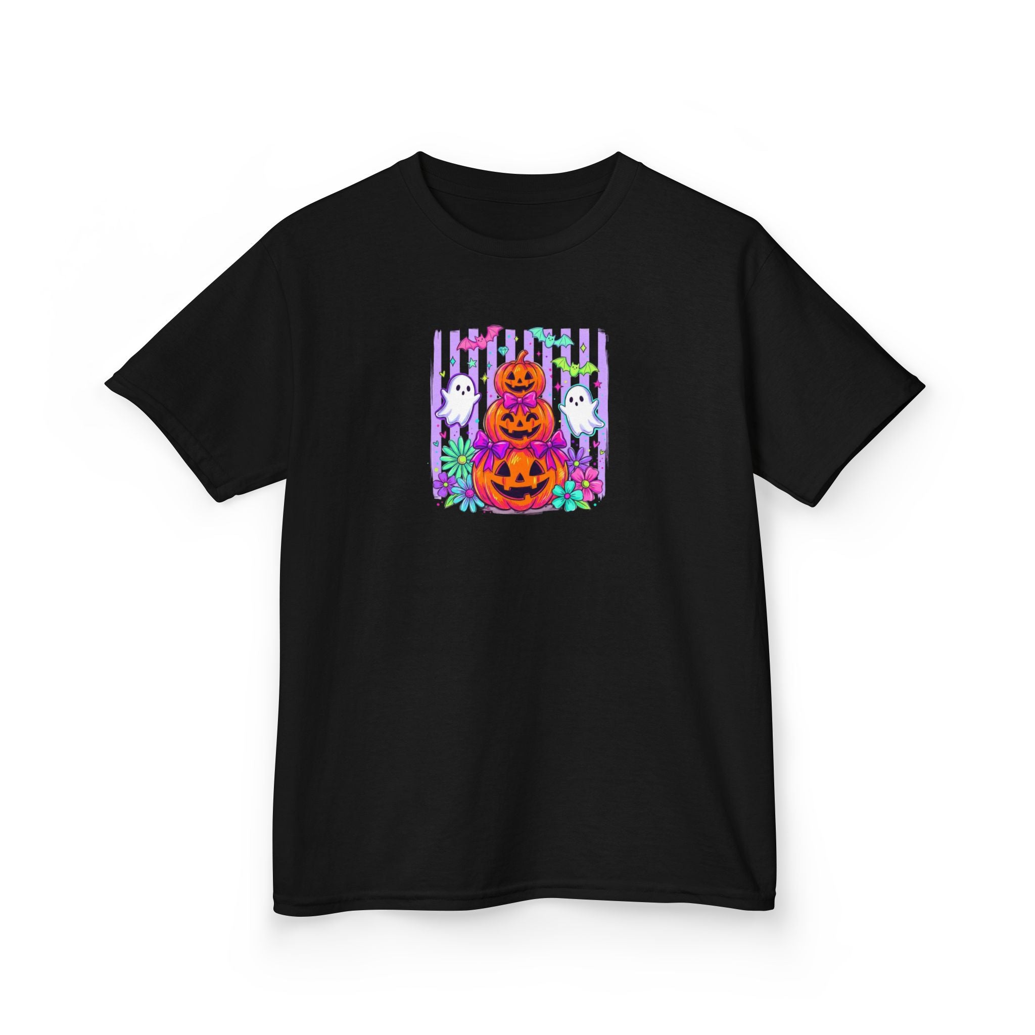 Kids Halloween Pumpkins T‑Shirt — Cute Jack‑O'Lantern Stack with Ghosts