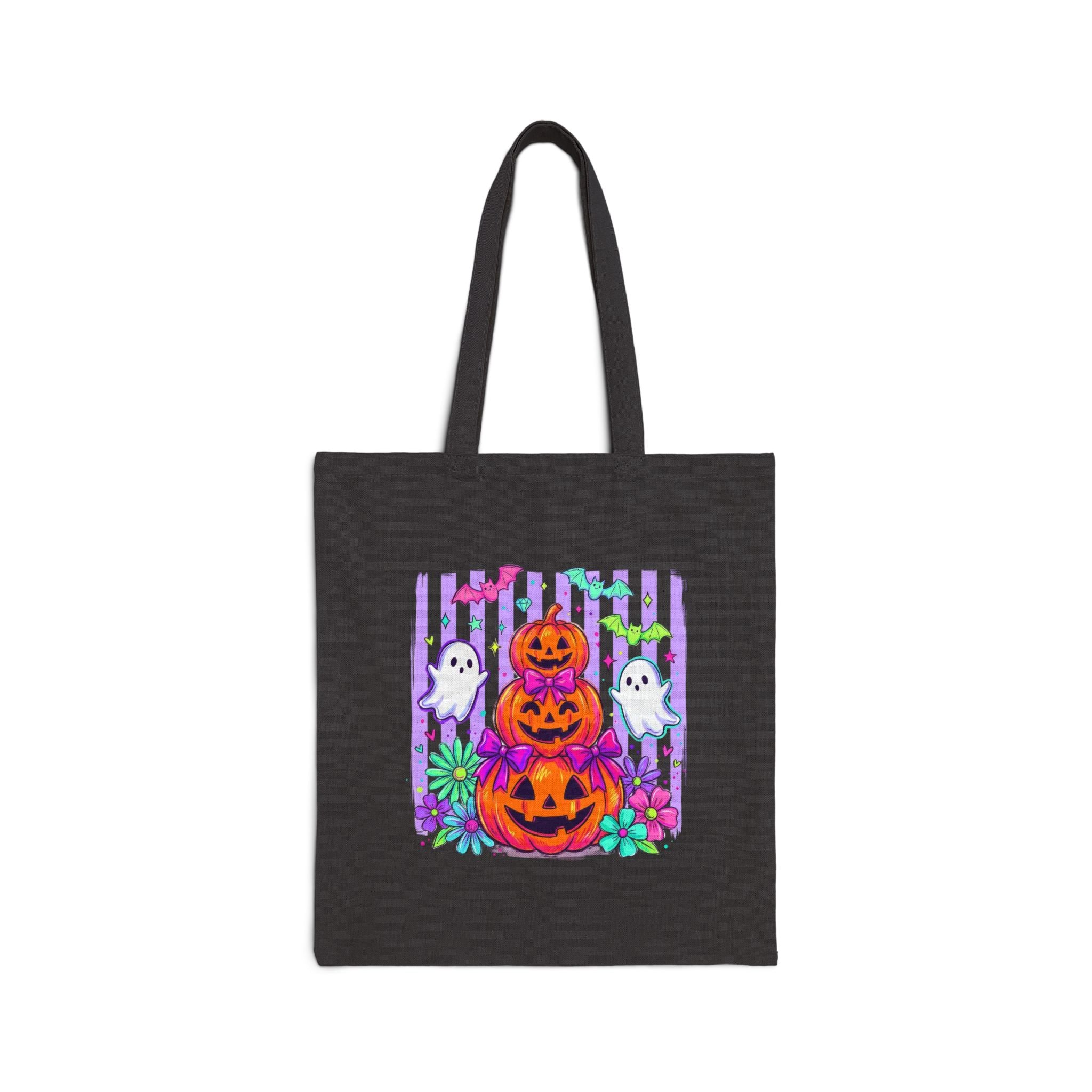 Spooky Halloween Tote Bag — Cute Ghosts & Pumpkin Stack Canvas Tote