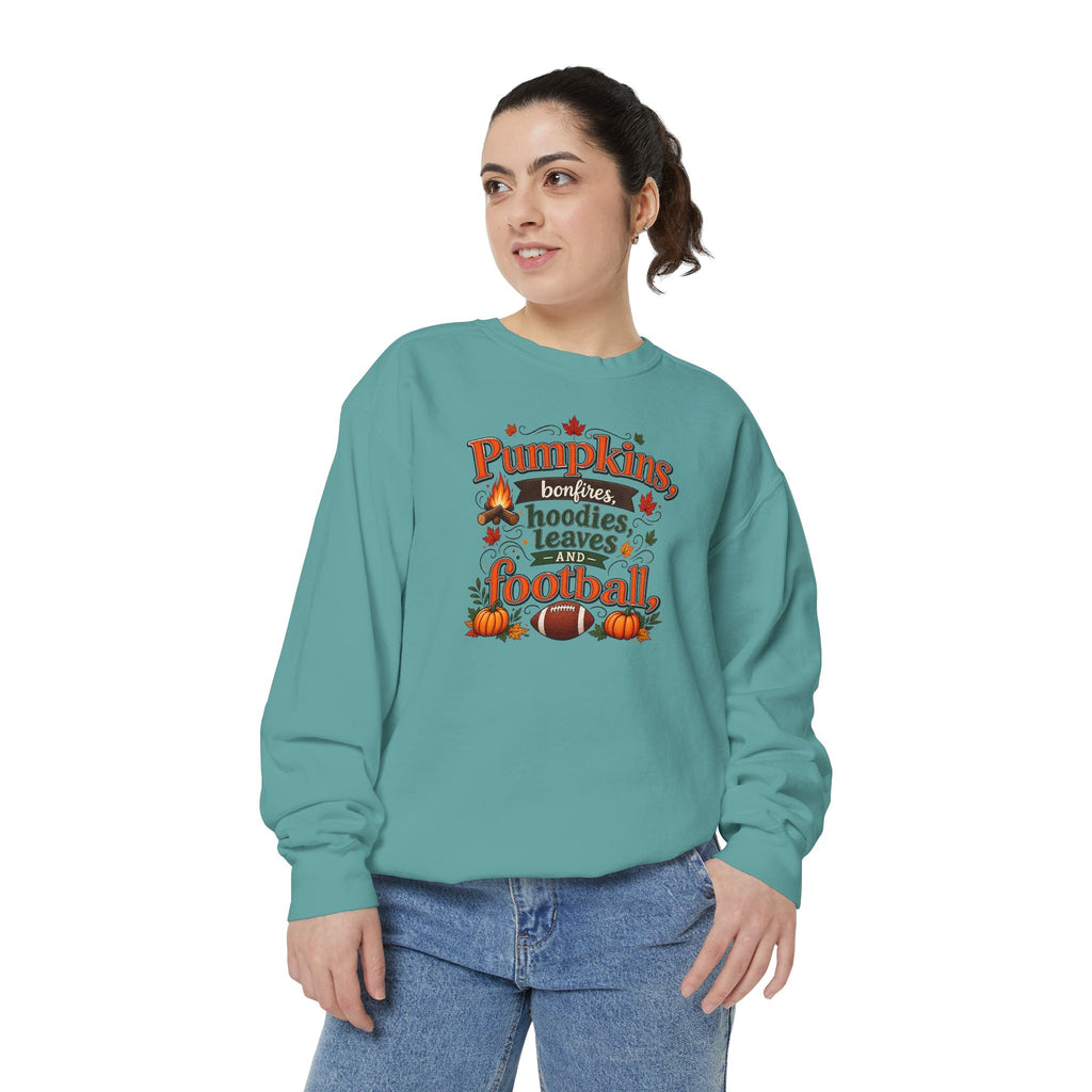 Fall Sweatshirt – "Pumpkins, Bonfires, Hoodies, Leaves, Football" Cozy Autumn Pullover