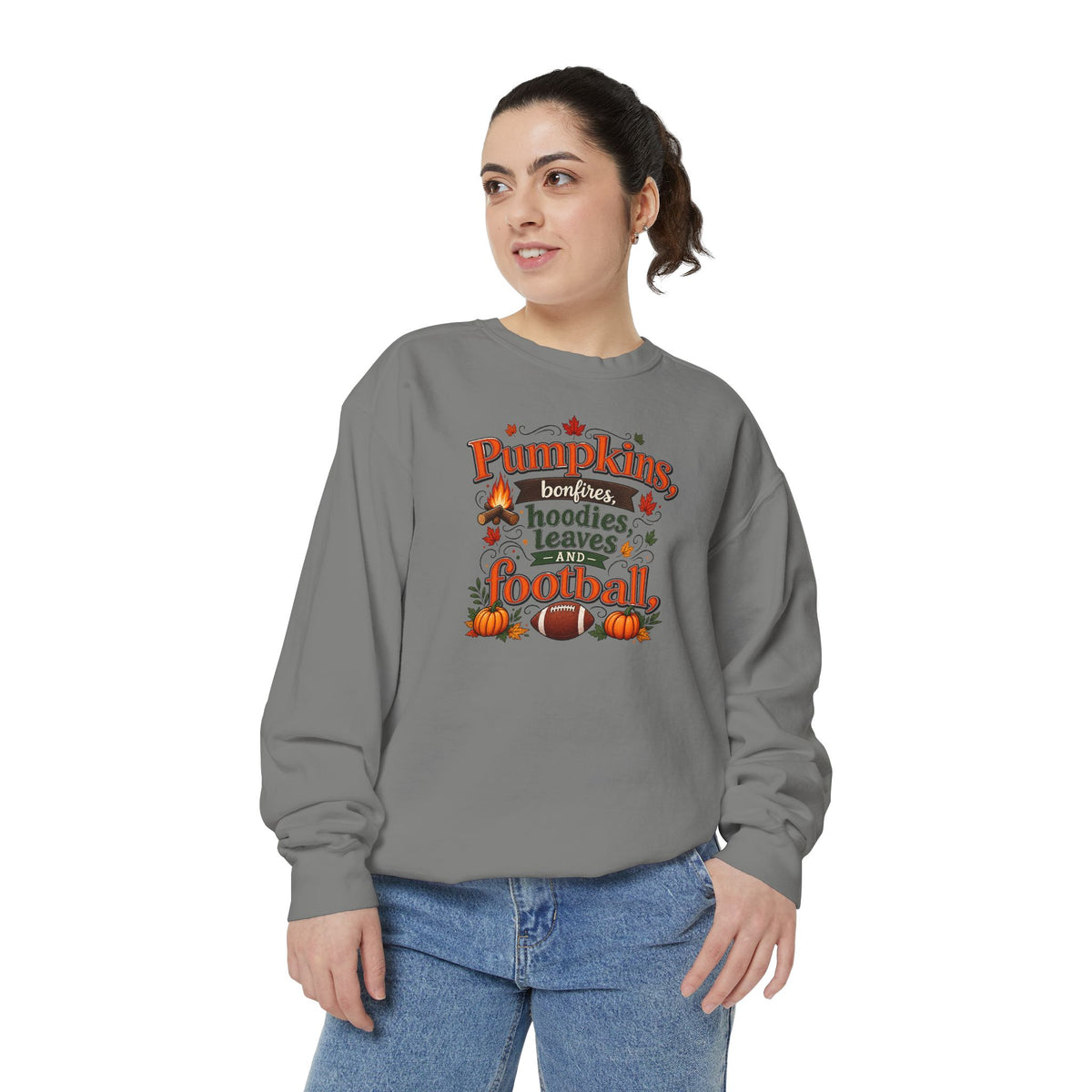 Fall Sweatshirt – "Pumpkins, Bonfires, Hoodies, Leaves, Football" Cozy Autumn Pullover