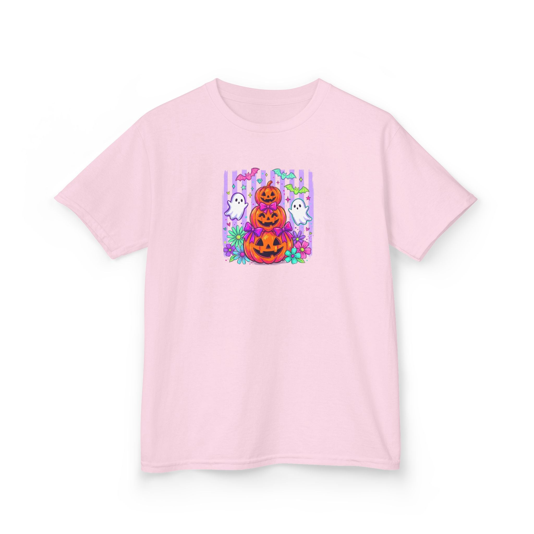 Kids Halloween Pumpkins T‑Shirt — Cute Jack‑O'Lantern Stack with Ghosts