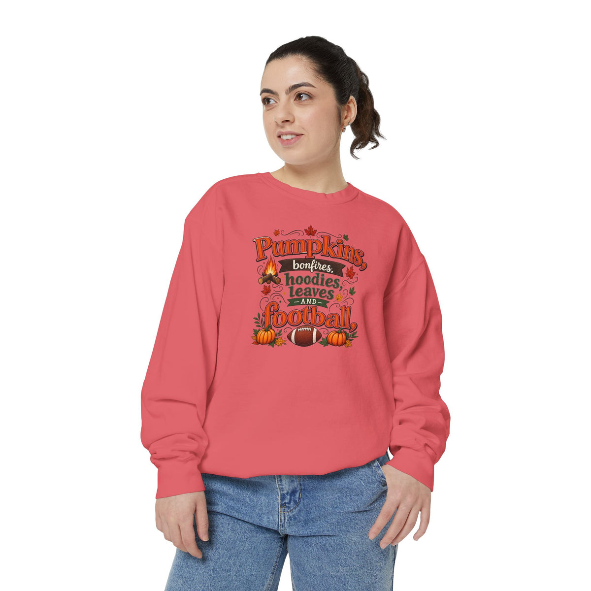 Fall Sweatshirt – "Pumpkins, Bonfires, Hoodies, Leaves, Football" Cozy Autumn Pullover