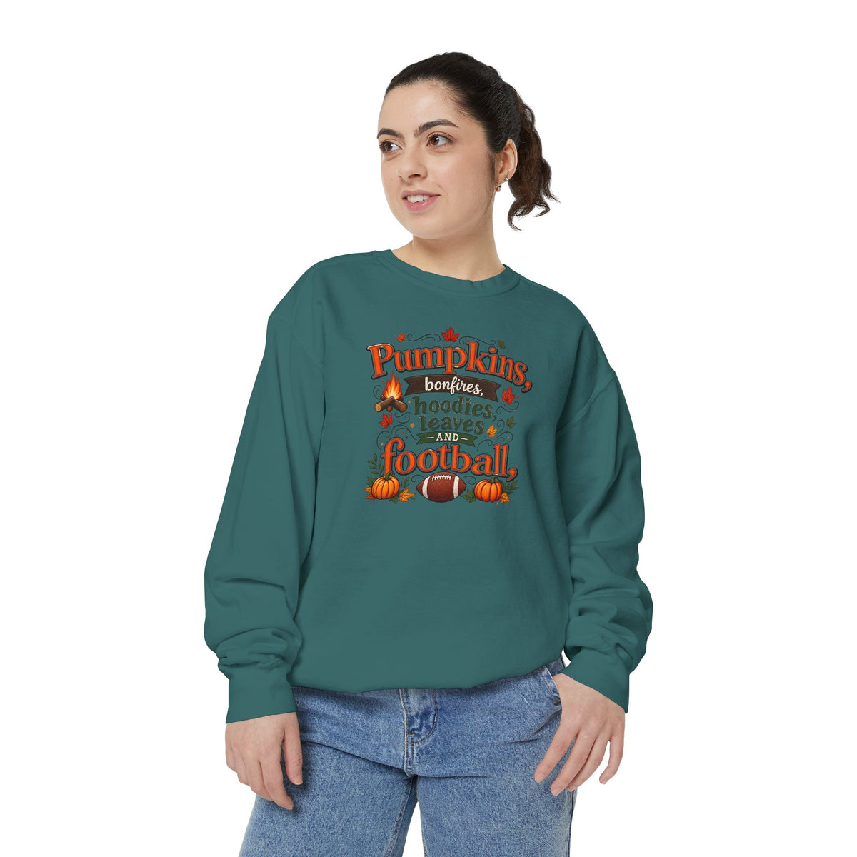 Fall Sweatshirt – "Pumpkins, Bonfires, Hoodies, Leaves, Football" Cozy Autumn Pullover