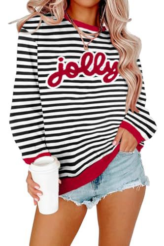Women’s Jolly Christmas Striped Sweatshirt – Green & White Holiday Crewneck