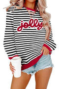 Women’s Jolly Christmas Striped Sweatshirt – Green & White Holiday Crewneck