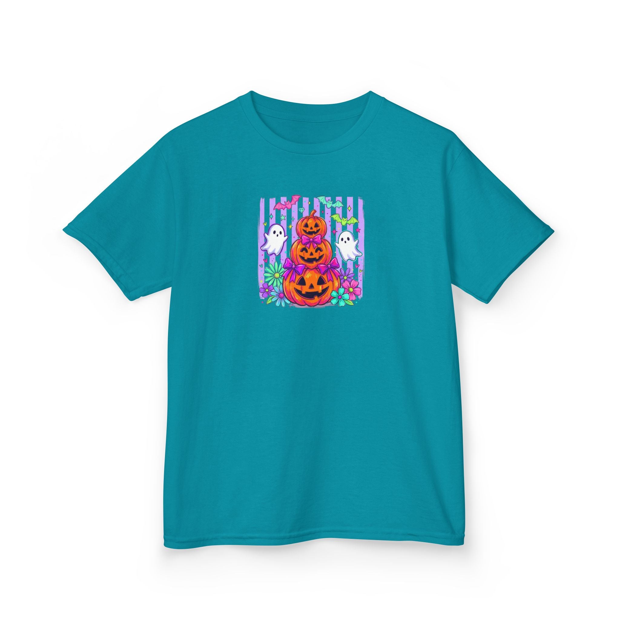 Kids Halloween Pumpkins T‑Shirt — Cute Jack‑O'Lantern Stack with Ghosts