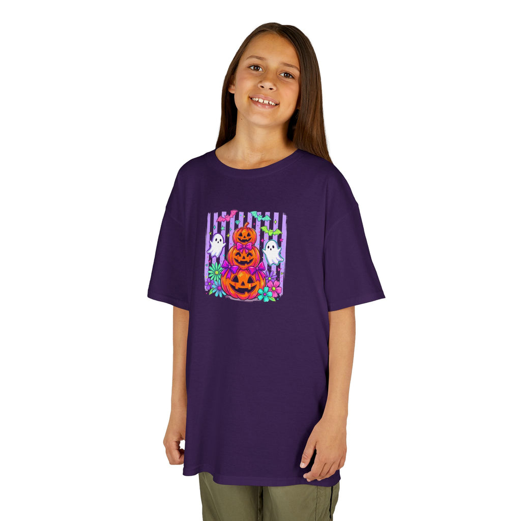 Kids Halloween Pumpkins T‑Shirt — Cute Jack‑O'Lantern Stack with Ghosts