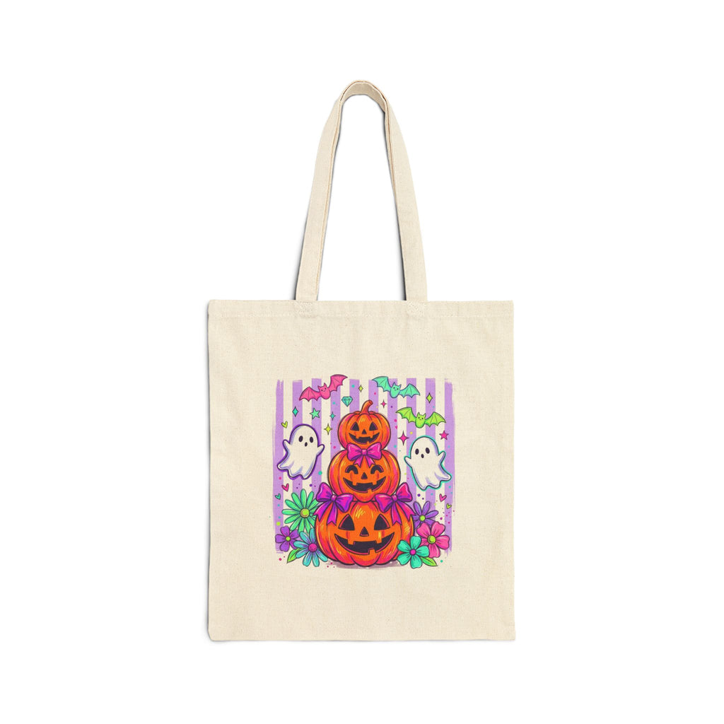 Spooky Halloween Tote Bag — Cute Ghosts & Pumpkin Stack Canvas Tote