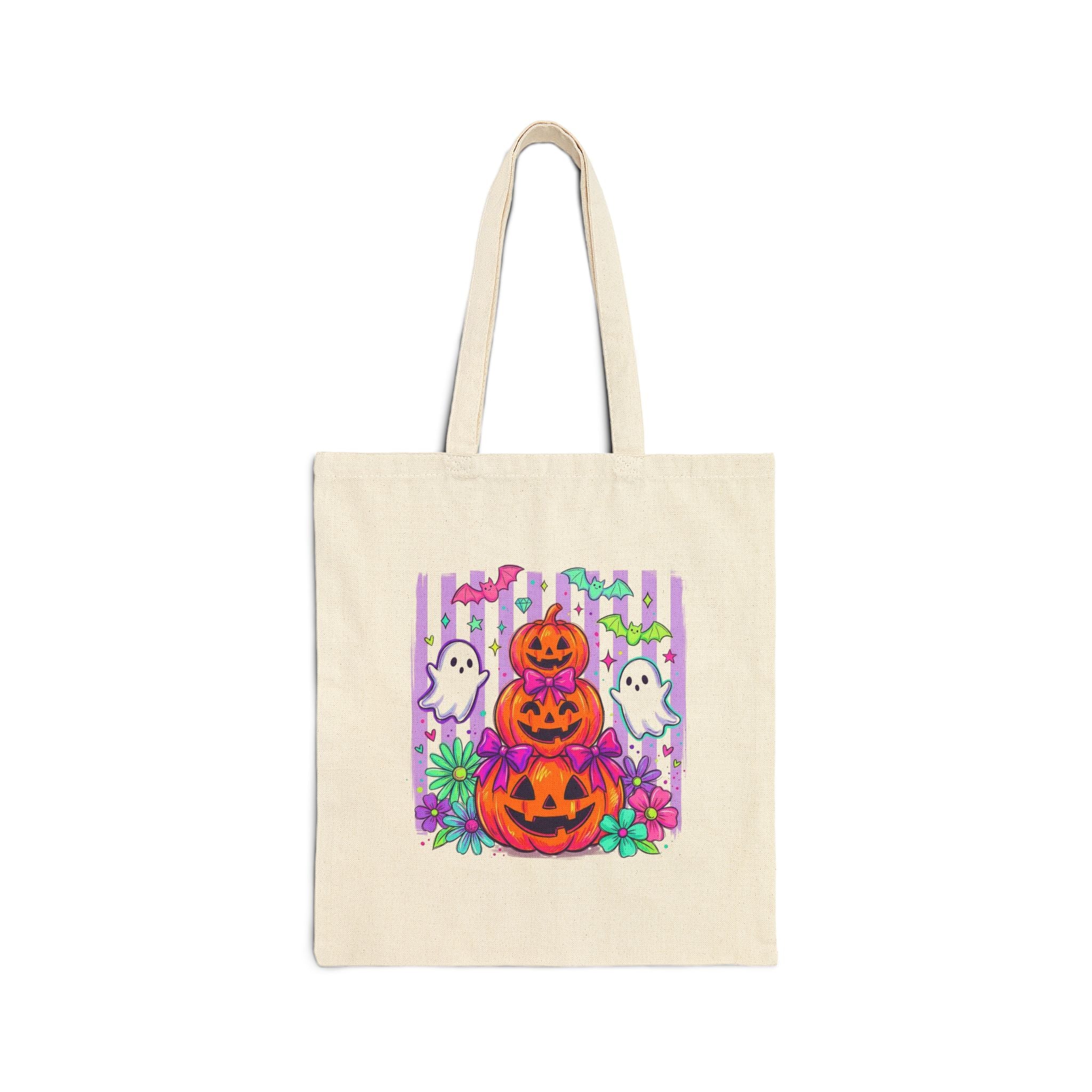 Spooky Halloween Tote Bag — Cute Ghosts & Pumpkin Stack Canvas Tote