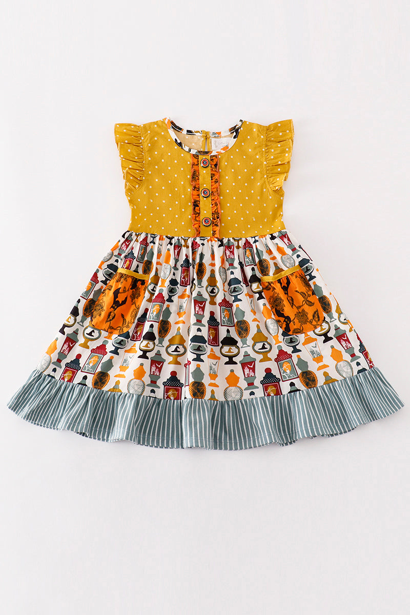 Girls Orange Halloween Ruffle Dress with Spooky Print Skirt & Gingham Trim