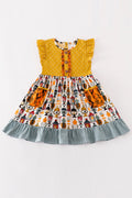 Girls Orange Halloween Ruffle Dress with Spooky Print Skirt & Gingham Trim