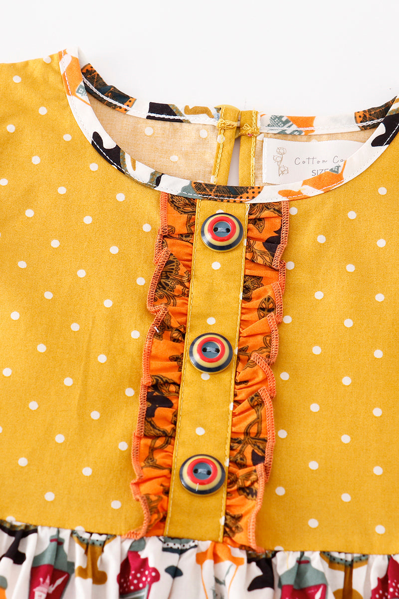 Girls Orange Halloween Ruffle Dress with Spooky Print Skirt & Gingham Trim