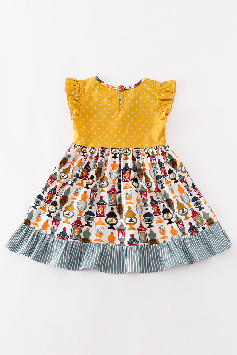 Girls Orange Halloween Ruffle Dress with Spooky Print Skirt & Gingham Trim