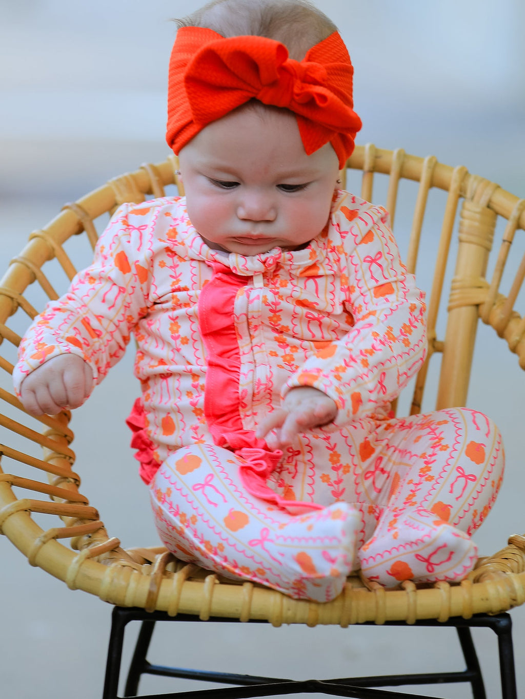 Girls Pink Pumpkin & Bow Long Sleeve Ruffle Dress – Fall Halloween Outfit