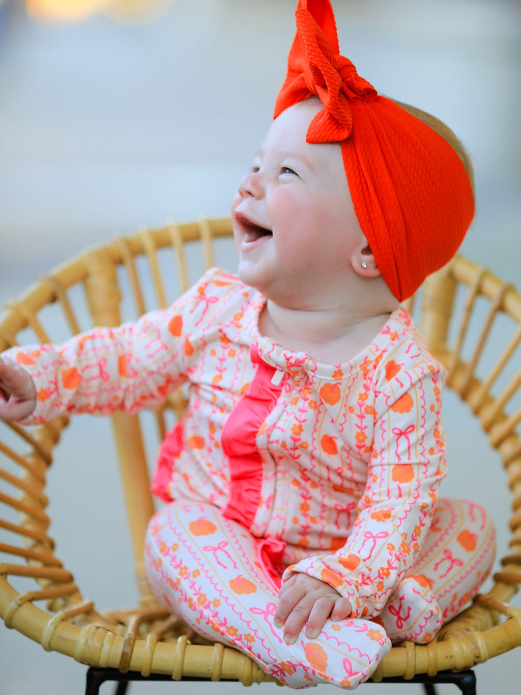 Girls Pink Pumpkin & Bow Long Sleeve Ruffle Dress – Fall Halloween Outfit