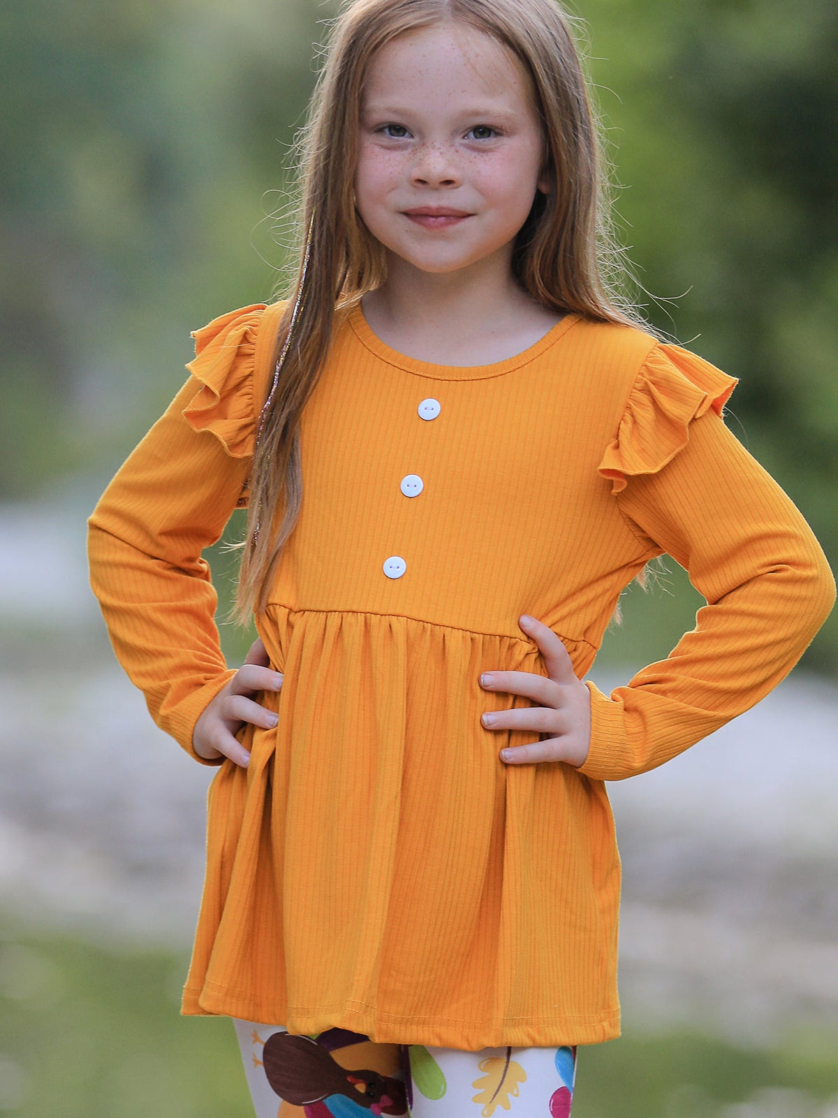 Girls Thanksgiving Turkey Outfit Set – Orange Ruffle Top & Printed Flare Pants