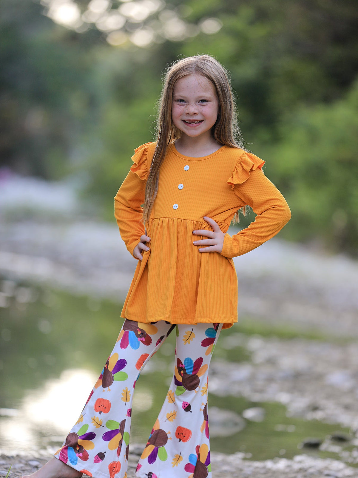 Girls Thanksgiving Turkey Outfit Set – Orange Ruffle Top & Printed Flare Pants