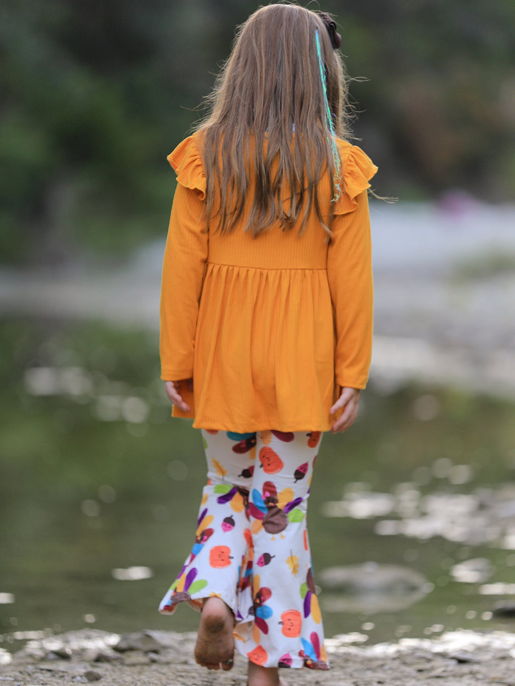 Girls Thanksgiving Turkey Outfit Set – Orange Ruffle Top & Printed Flare Pants
