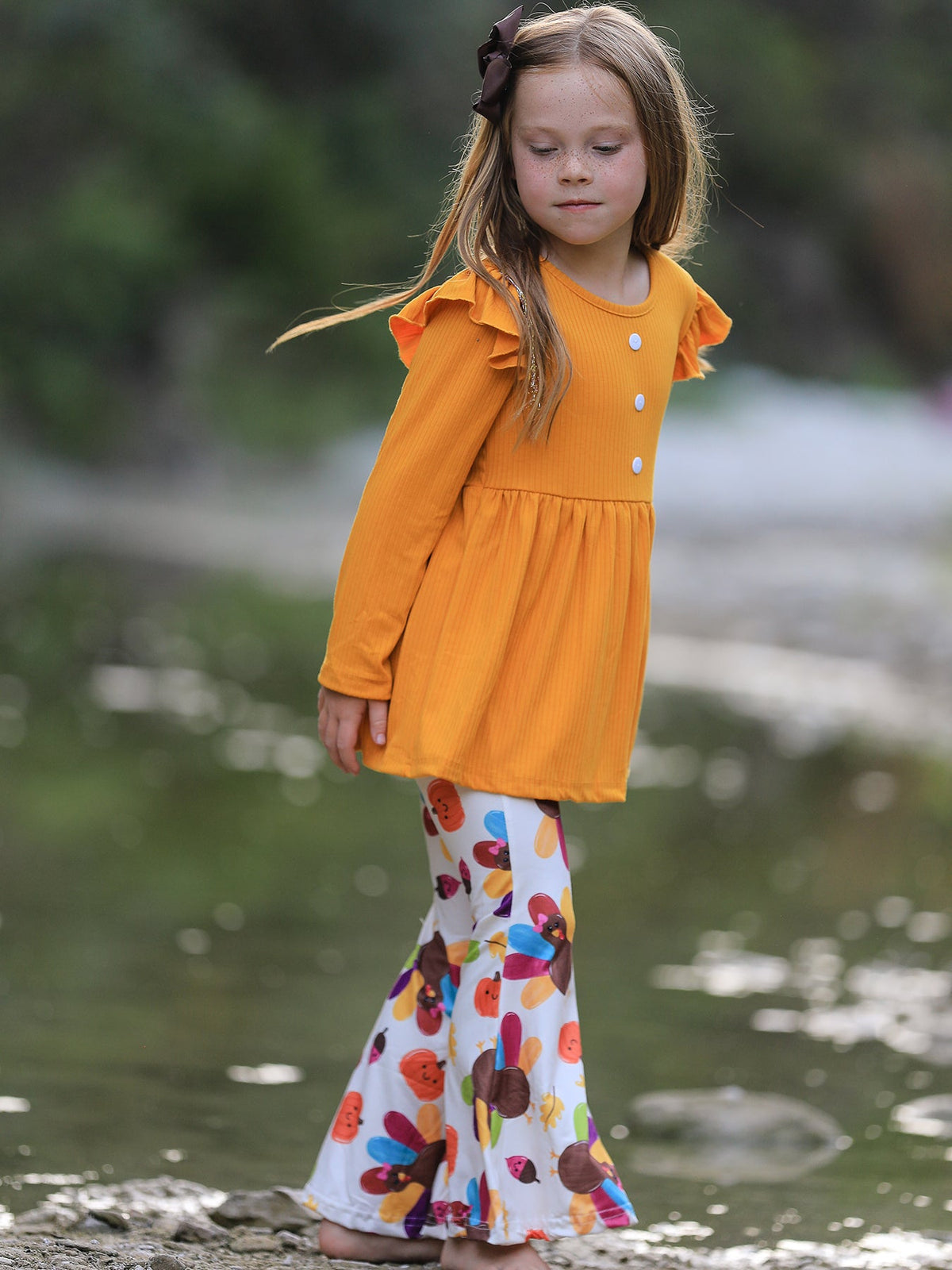 Girls Thanksgiving Turkey Outfit Set – Orange Ruffle Top & Printed Flare Pants
