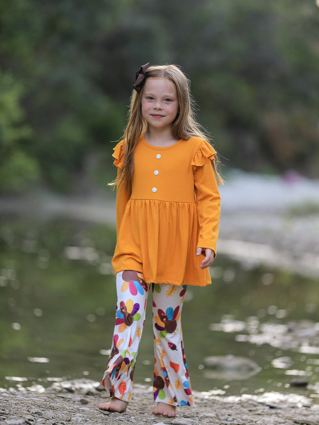 Girls Thanksgiving Turkey Outfit Set – Orange Ruffle Top & Printed Flare Pants