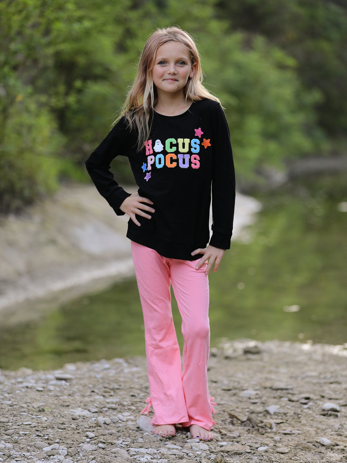 Girls Hocus Pocus Halloween Long Sleeve Top & Pink Flare Pants Outfit Set
