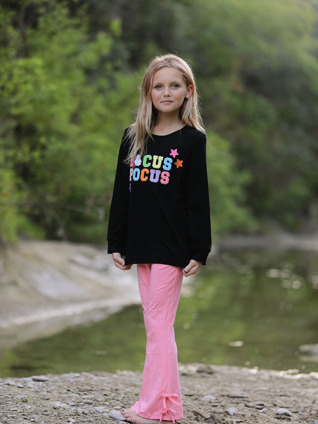 Girls Hocus Pocus Halloween Long Sleeve Top & Pink Flare Pants Outfit Set
