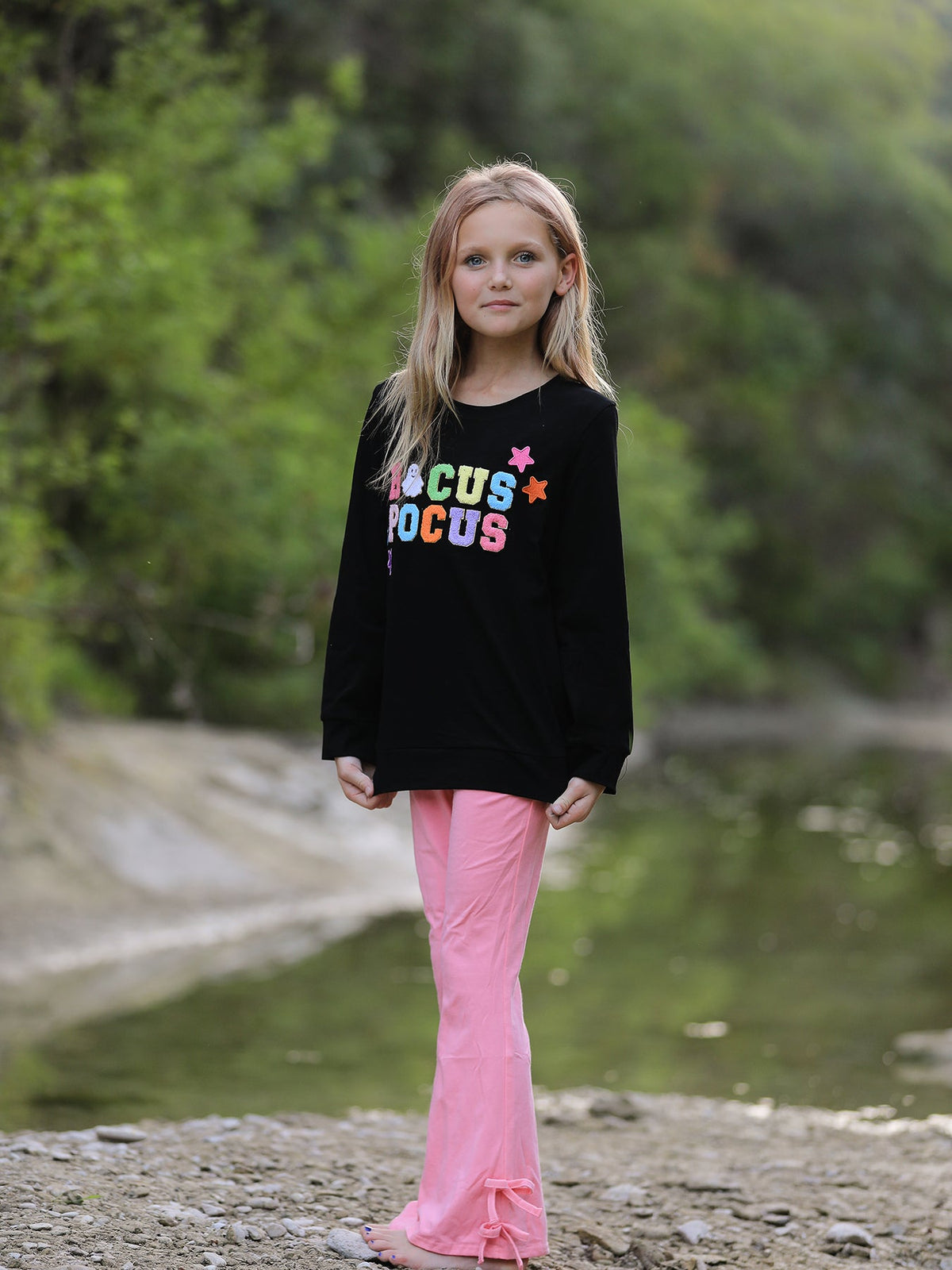 Girls Hocus Pocus Halloween Long Sleeve Top & Pink Flare Pants Outfit Set