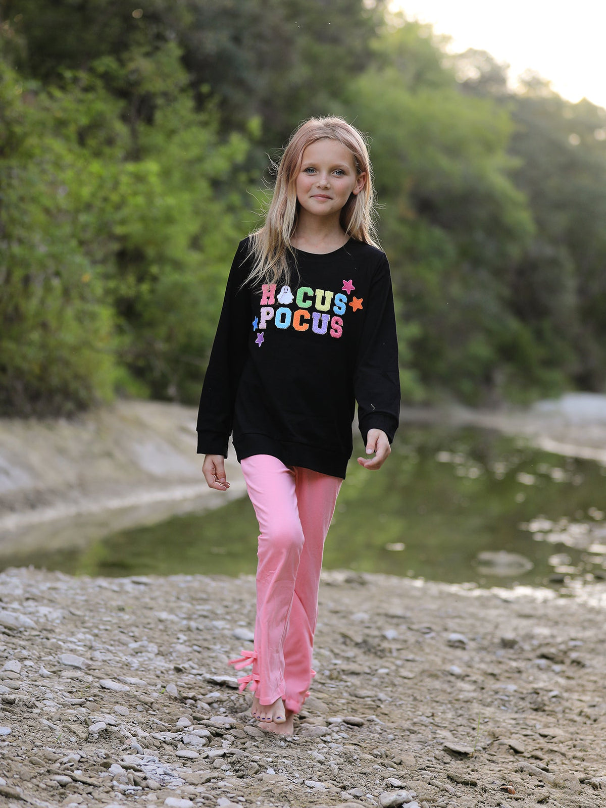 Girls Hocus Pocus Halloween Long Sleeve Top & Pink Flare Pants Outfit Set