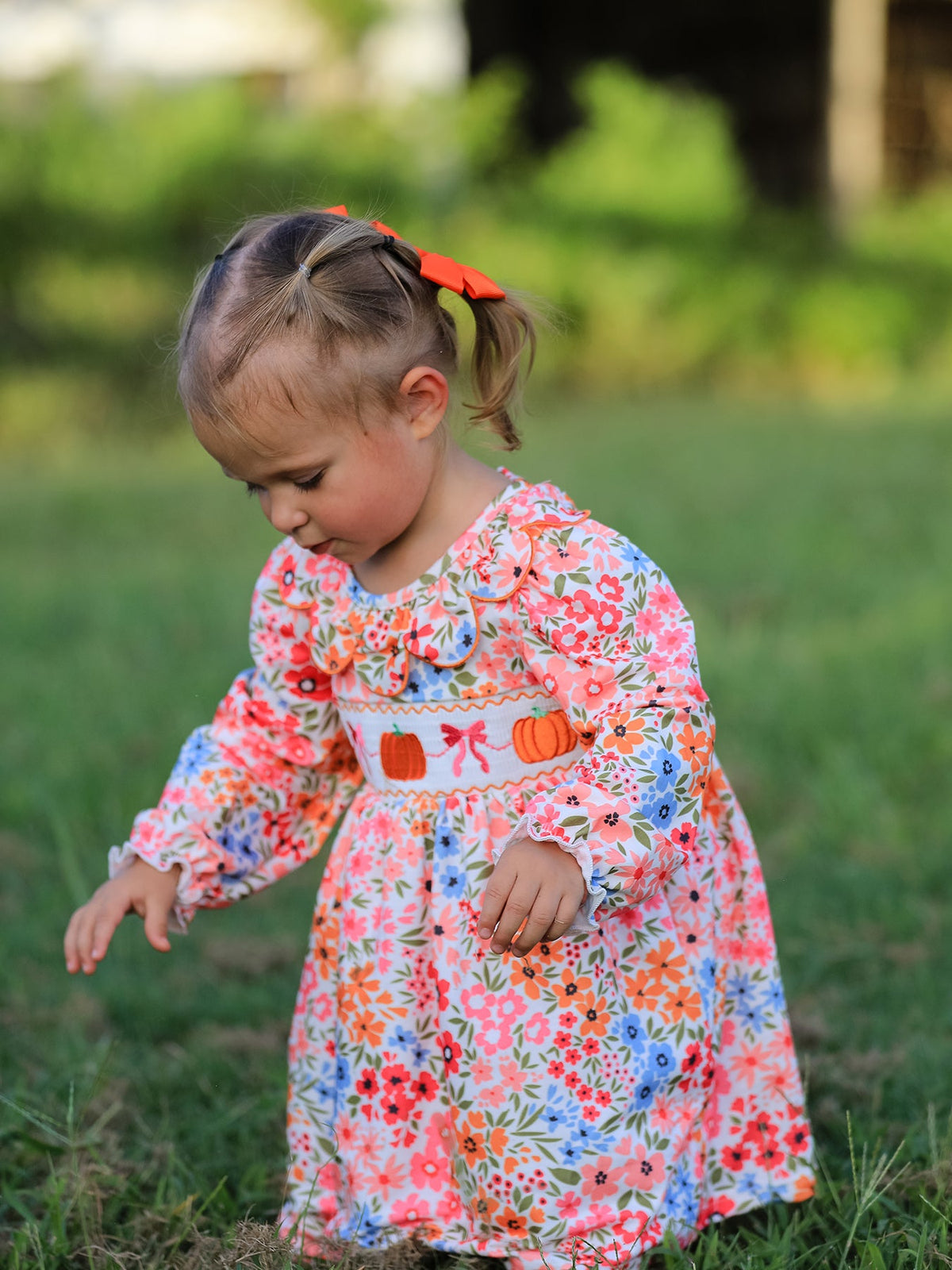 Girls Pink Fall Pumpkin & Bow Long Sleeve Twirl Dress