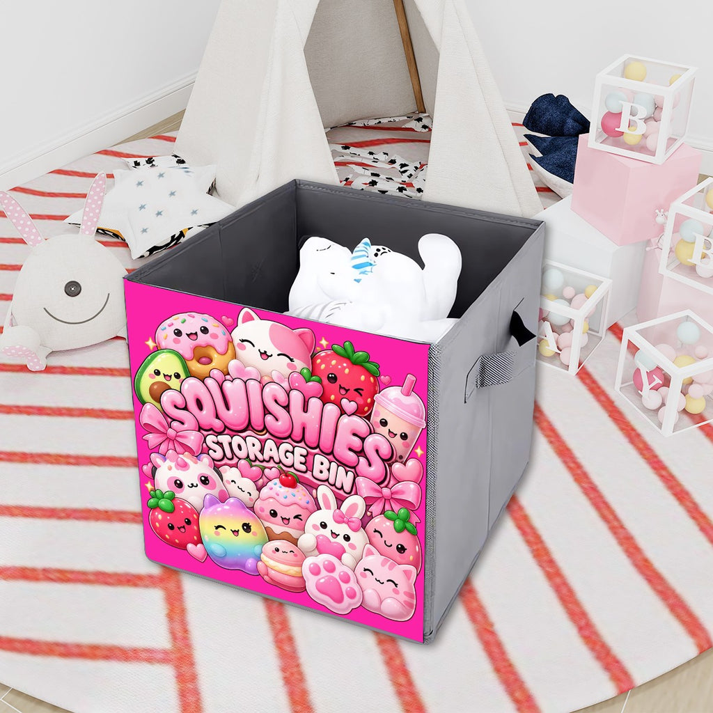 Kawaii Squishies Storage Bin – Cute Pink Collapsible Toy Organizer