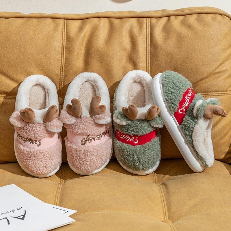 Christmas Reindeer Plush Slippers – Cozy Thick Sole Holiday House Shoes for Women & Men