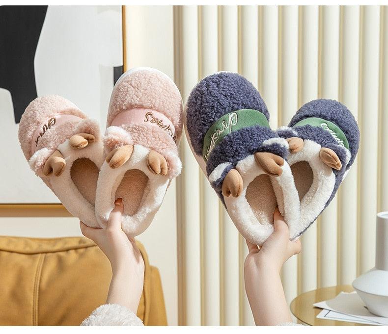 Christmas Reindeer Plush Slippers – Cozy Thick Sole Holiday House Shoes for Women & Men