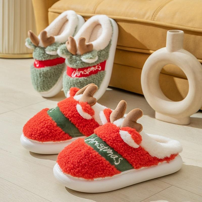 Christmas Reindeer Plush Slippers – Cozy Thick Sole Holiday House Shoes for Women & Men