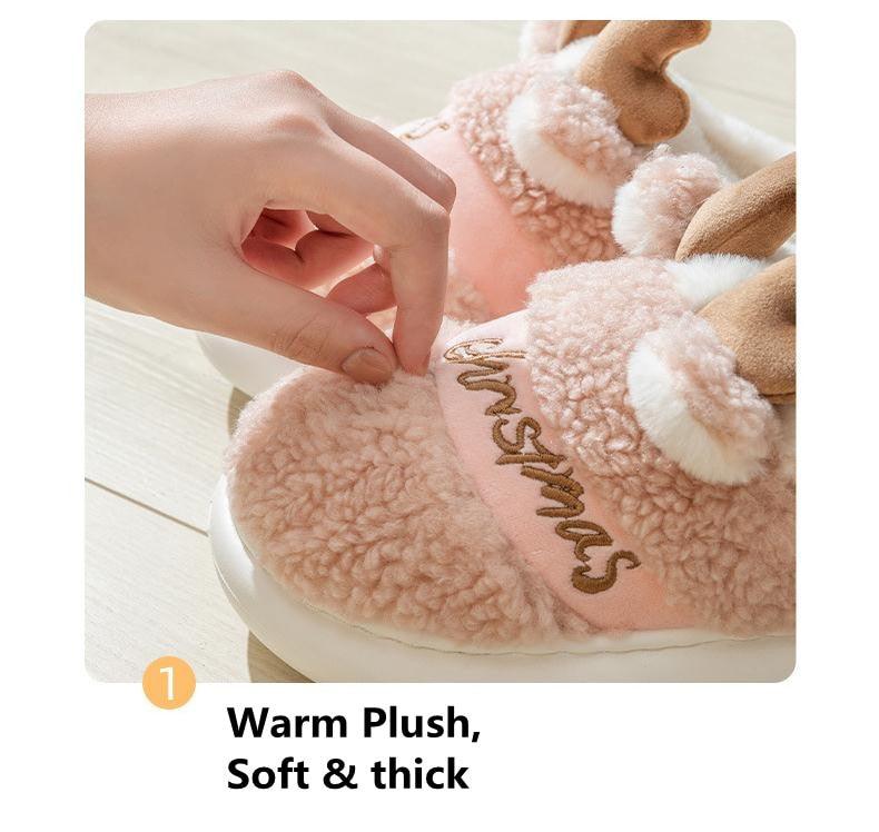 Christmas Reindeer Plush Slippers – Cozy Thick Sole Holiday House Shoes for Women & Men