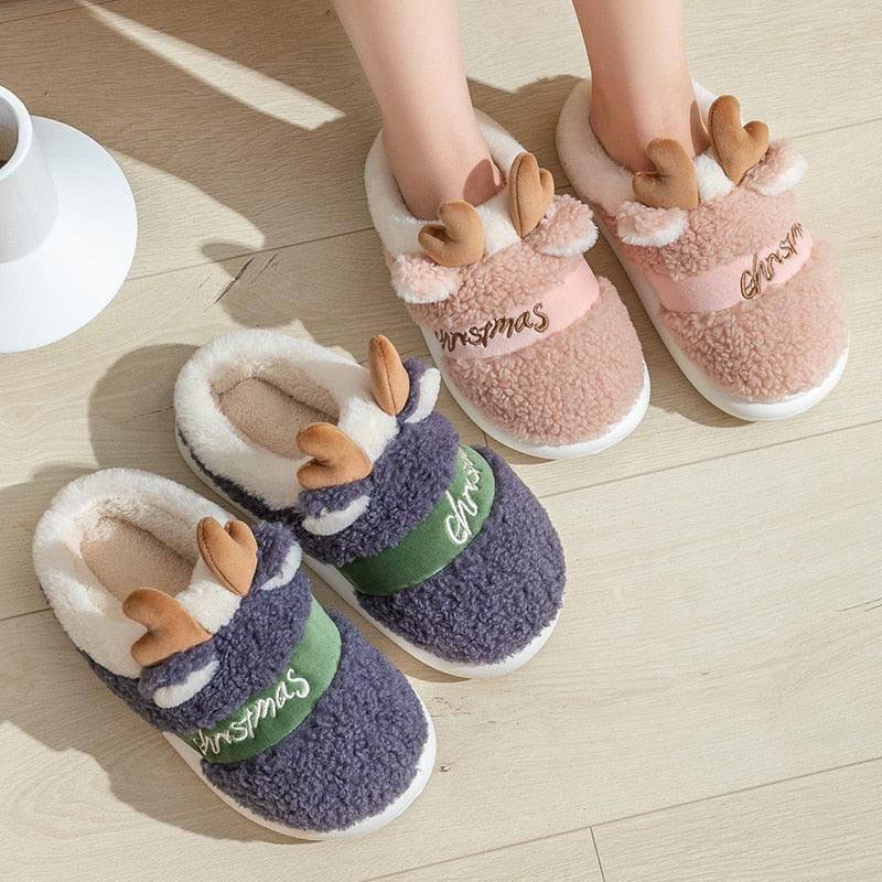 Christmas Reindeer Plush Slippers – Cozy Thick Sole Holiday House Shoes for Women & Men