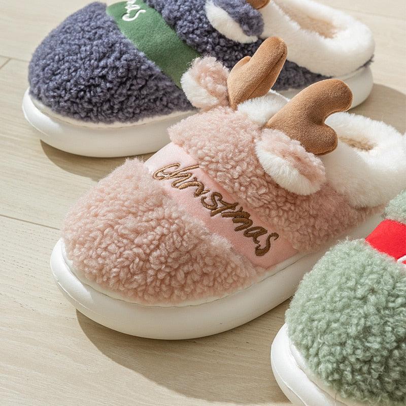 Christmas Reindeer Plush Slippers – Cozy Thick Sole Holiday House Shoes for Women & Men